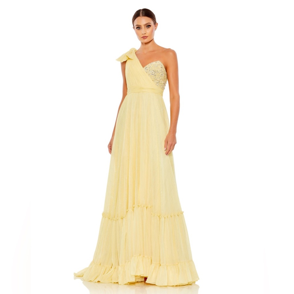 Mac Duggal Chiffon Metallic Formal Evening Dress Gown In Lemon 68095
